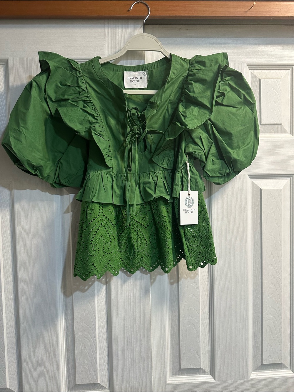 Hyacinth House Green Eyelet Peplum Puff-Sleeve Blouse